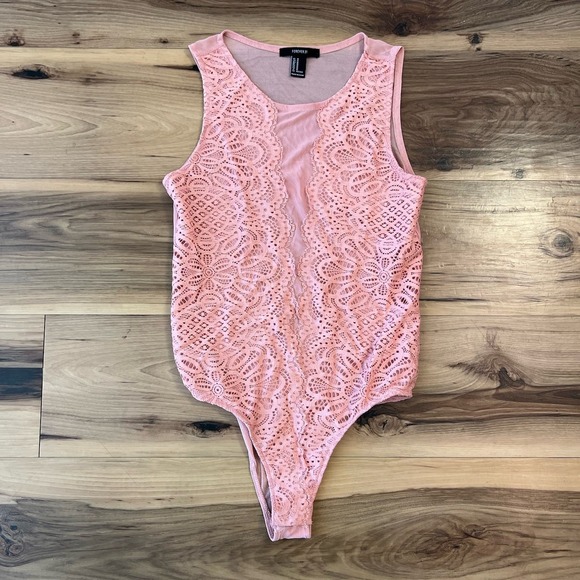 Forever‎ 21 Women Lace Mesh M Pink Lingerie Bodysuit Intimates FAST Shipping - Picture 1 of 7